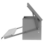 Gray metal birdhouse with an open door on a white background