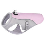Pink and gray dog harness on a white background