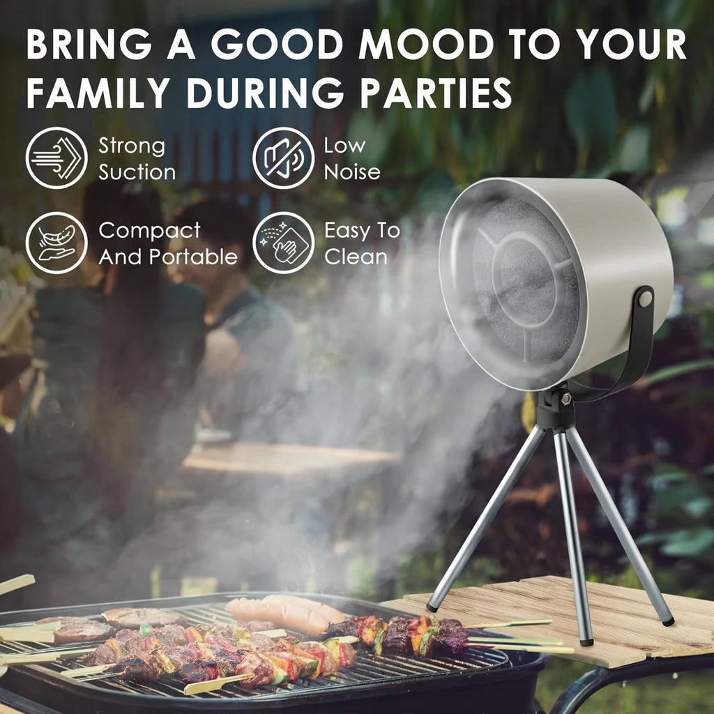 Portable outdoor grill with features highlighted, set against a blurred background of people and nature.