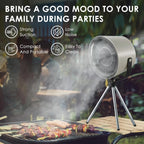 Portable outdoor grill with features highlighted, set against a blurred background of people and nature.