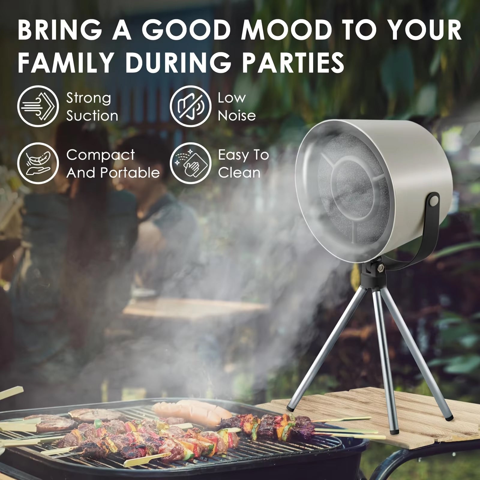 Portable outdoor grill with features highlighted, set against a blurred background of people and nature.