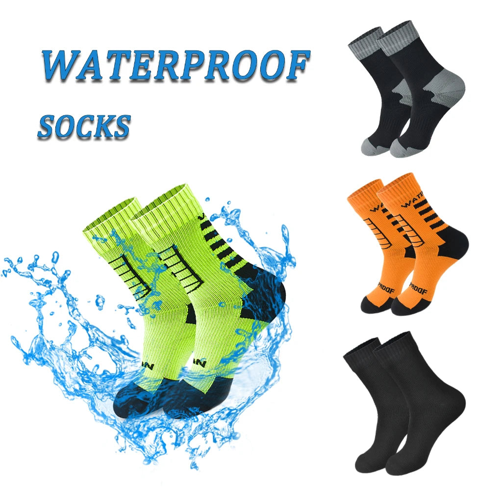 Set of waterproof socks with water splash graphic on a white background