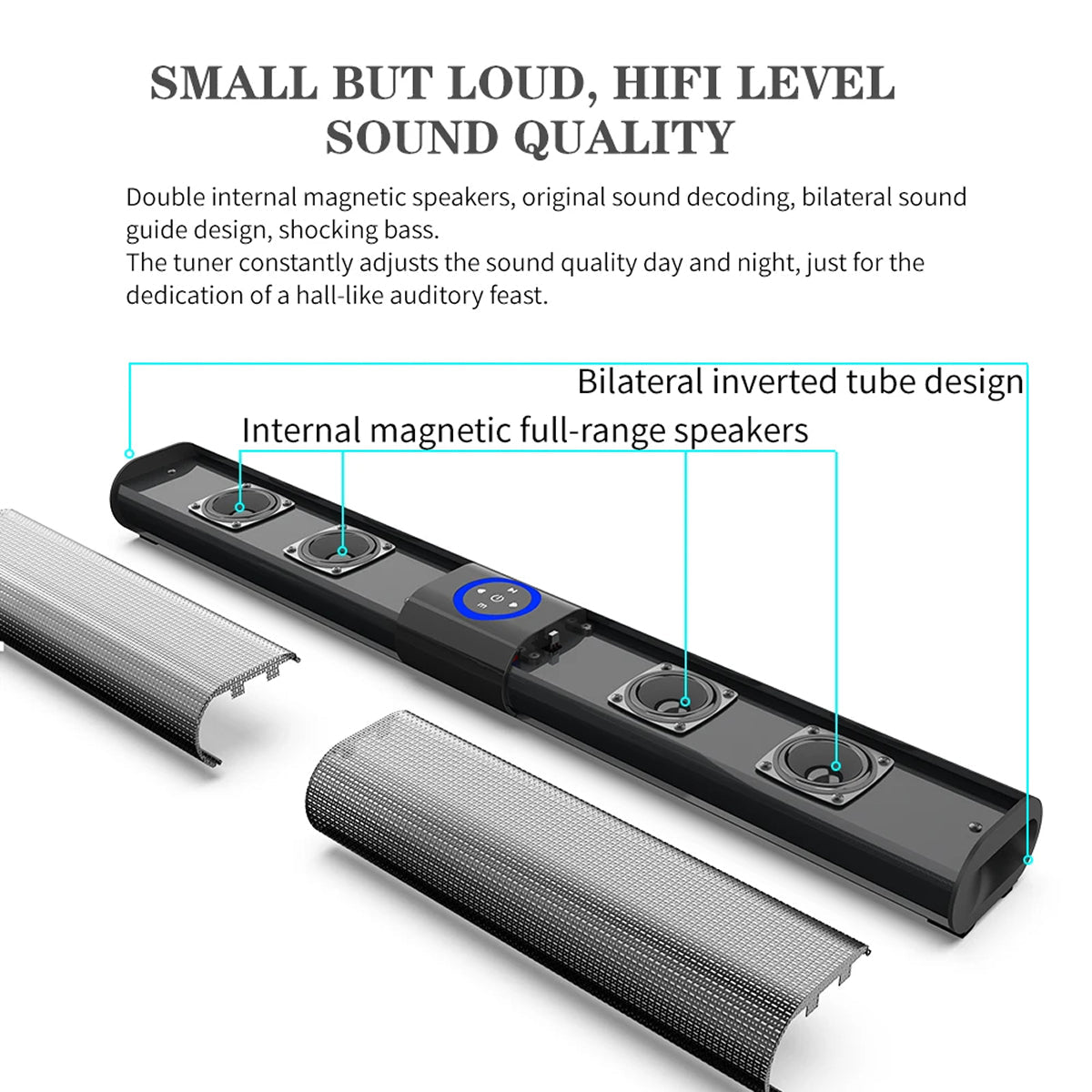 Soundbar with labeled components on a white background
