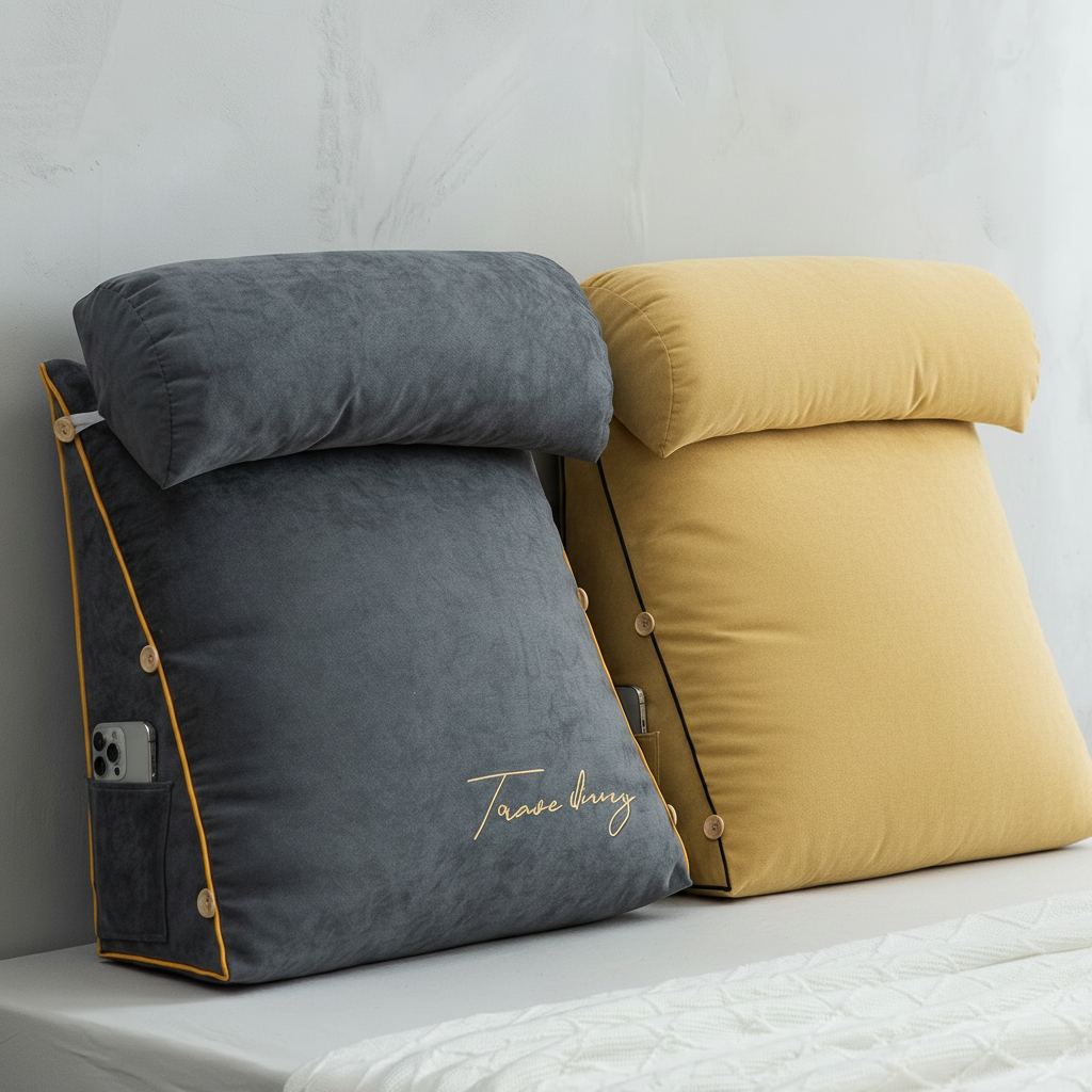 Gray and yellow wedge pillows on a bed against a white wall.
