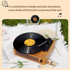 Record player with a vinyl record on a grassy background with text overlay.