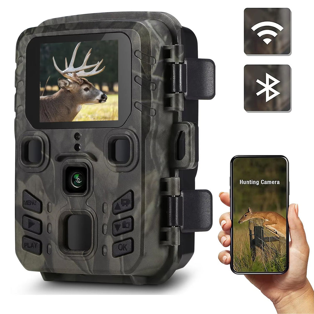 Camouflage hunting camera with smartphone displaying deer image, featuring connectivity icons.