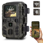 Camouflage hunting camera with smartphone displaying deer image, featuring connectivity icons.