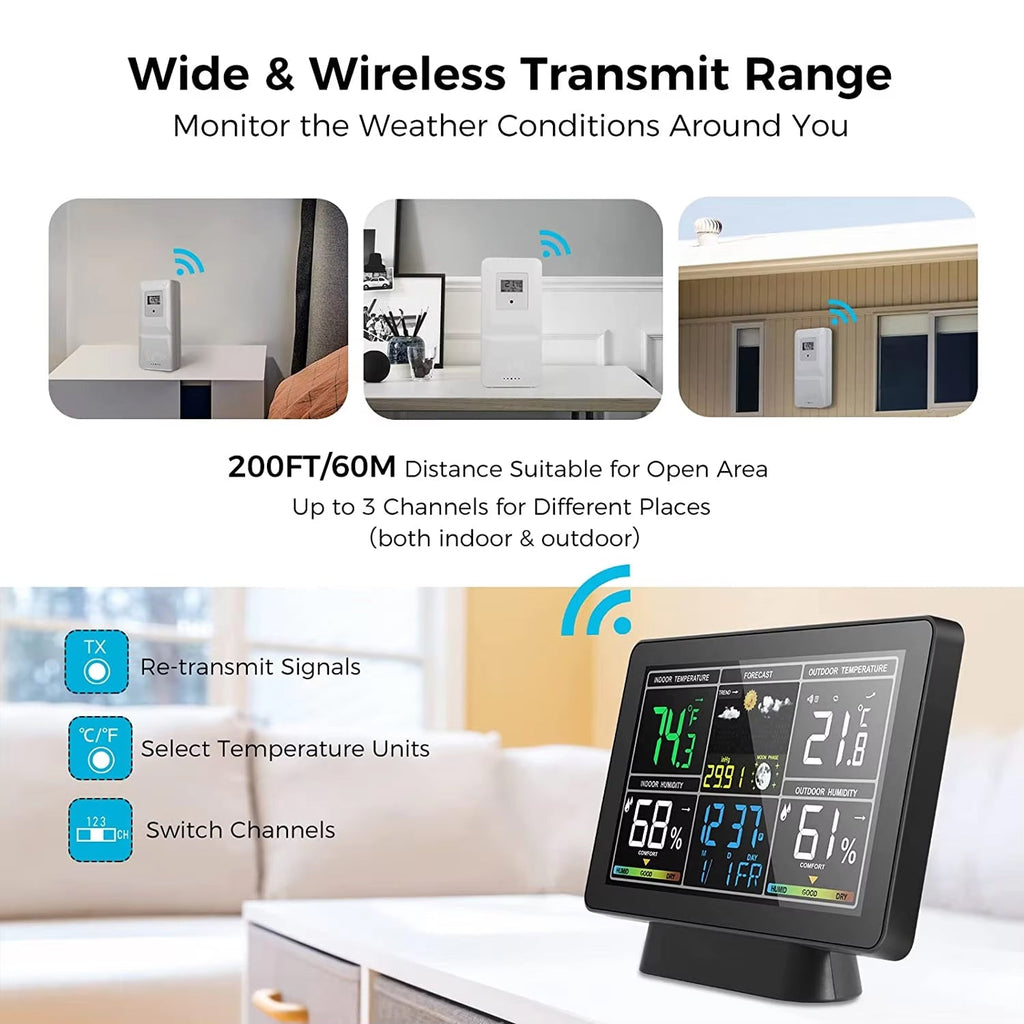 Weather station with digital display showing temperature and humidity, featuring wide wireless transmit range.