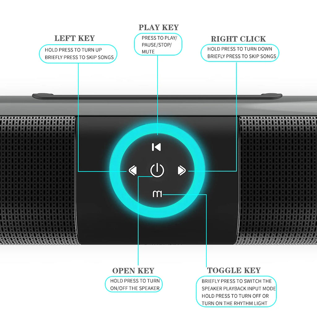 Control panel of a speaker with labeled buttons on a white background