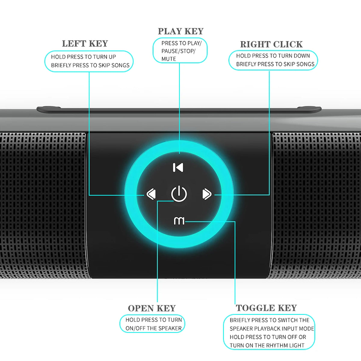 Control panel of a speaker with labeled buttons on a white background