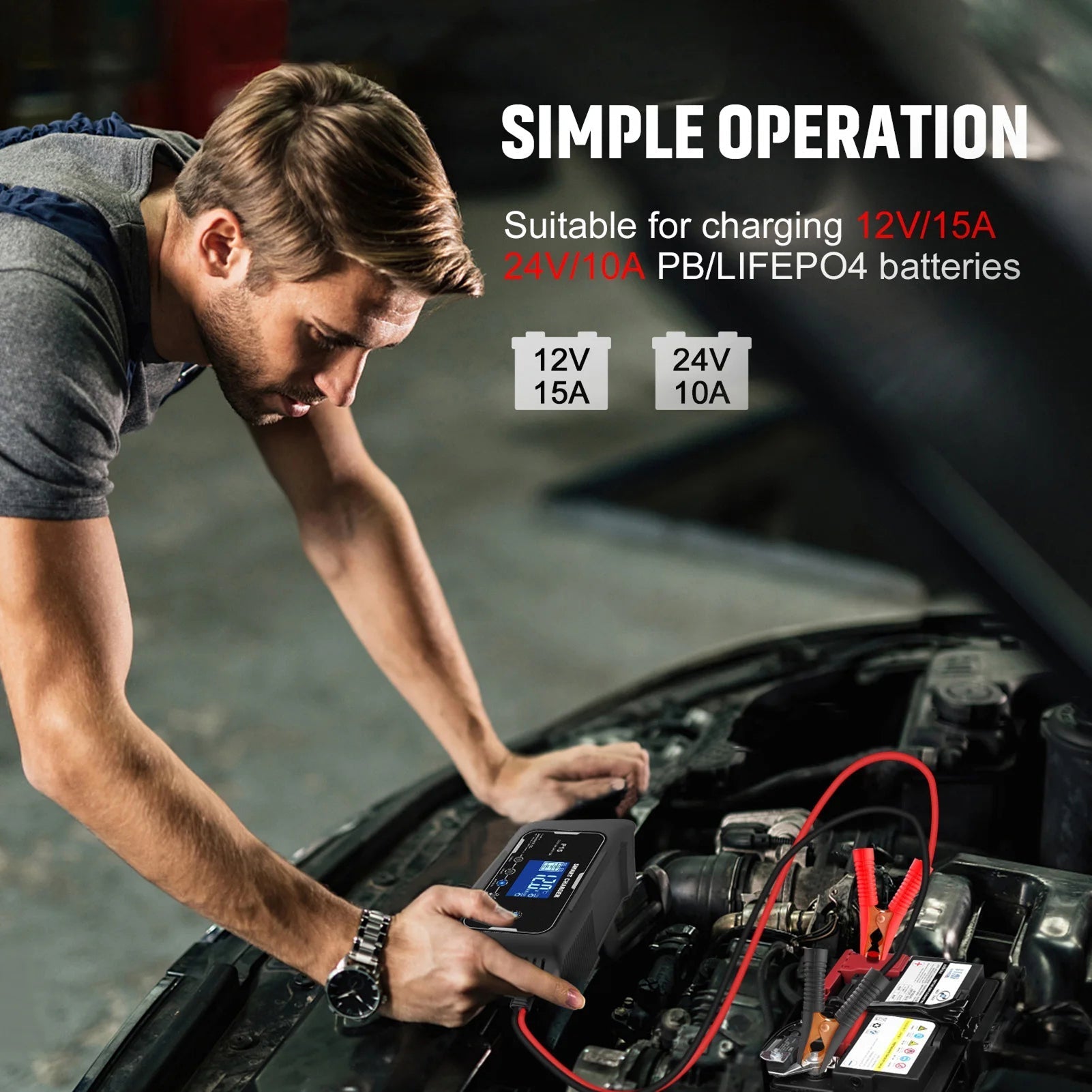 Person charging a car battery with a charger, text indicating compatibility with 12V/15A and 24V/10A batteries.
