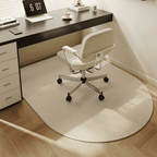 Round office rug with a chair in front of a desk.