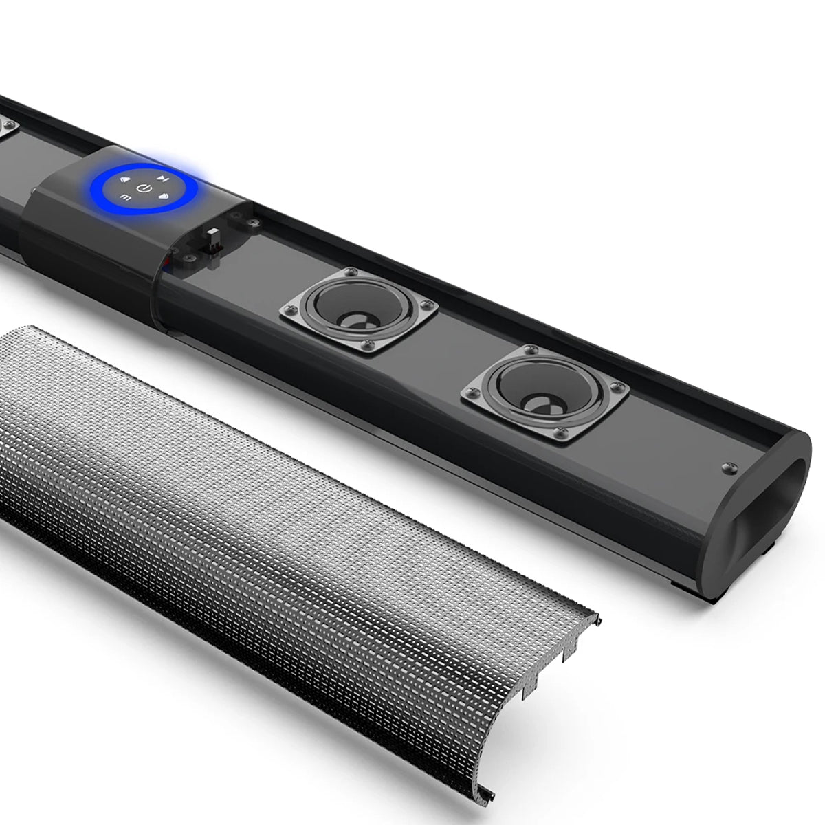 Black electronic device with speakers and a blue light on a white background