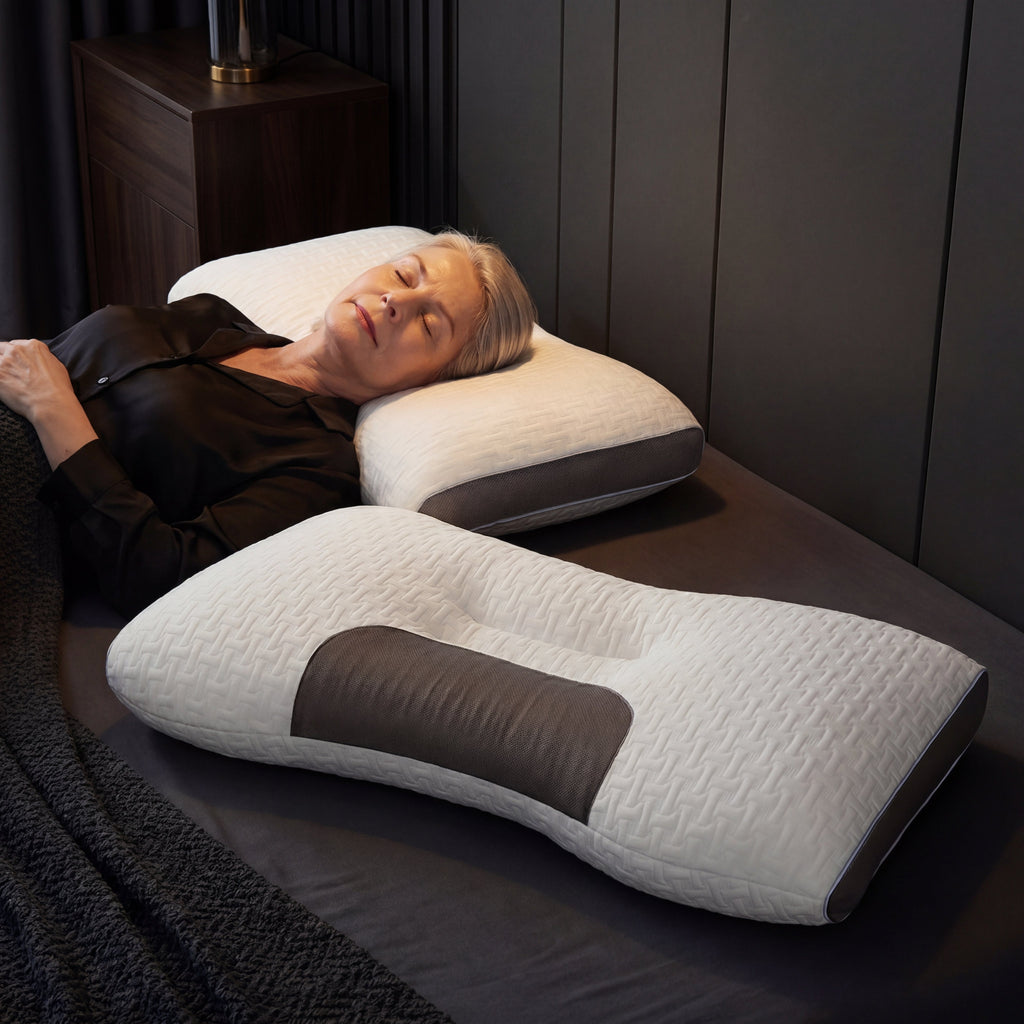 Person lying on a bed with a white and gray pillow