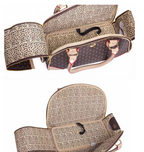 Leopard print baby seat cover with straps on a white background