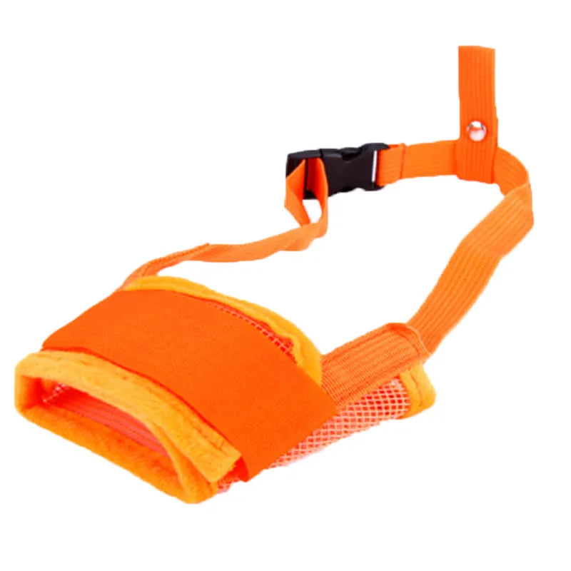 Orange dog muzzle with a strap on a white background