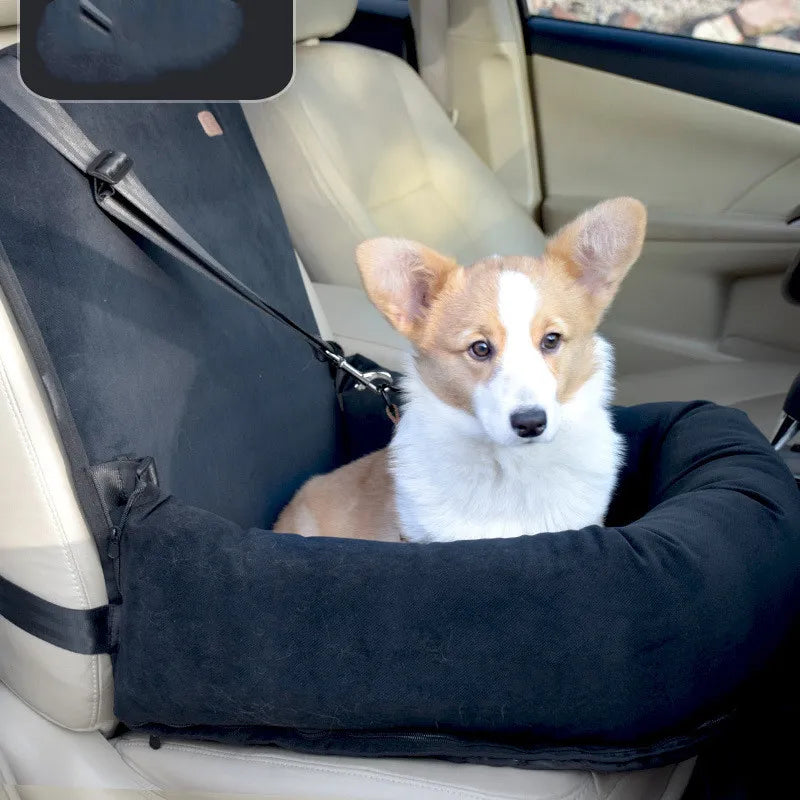 Dog sitting in a black pet seat cover inside a car