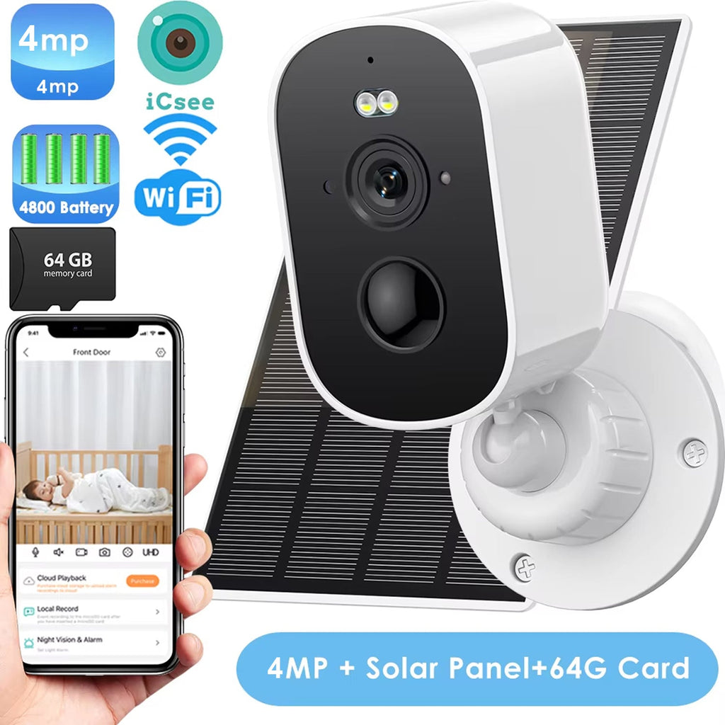 Smart home security camera with solar panel and 64GB memory card, displayed with smartphone app on screen.