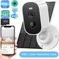 Smart home security camera with solar panel and 64GB memory card, displayed with smartphone app on screen.