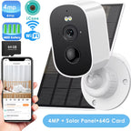 Smart home security camera with solar panel and 64GB memory card, displayed with smartphone app on screen.