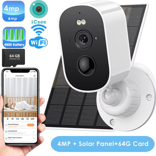 Smart home security camera with solar panel and 64GB memory card, displayed with smartphone app on screen.