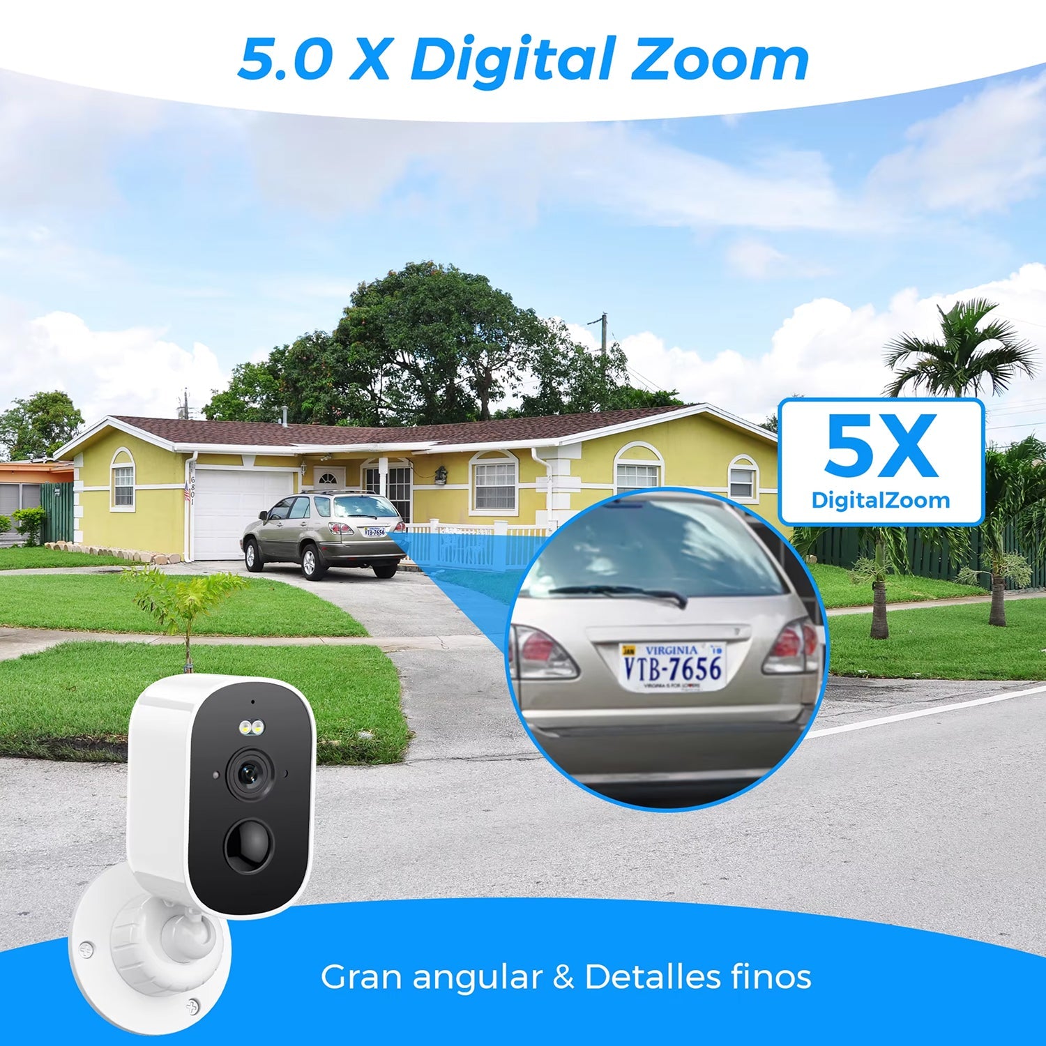 Security camera with 5X digital zoom feature, showing a house and car in the background.