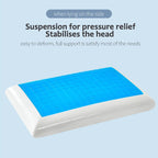 Blue and white pillow with text on a light blue background