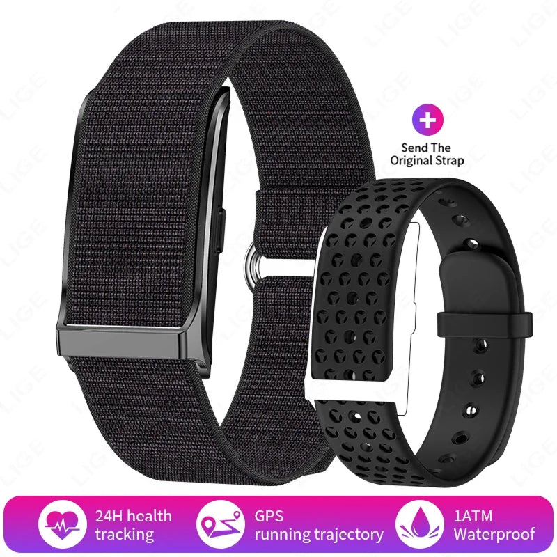 Two black watch straps on a white background with product features highlighted.