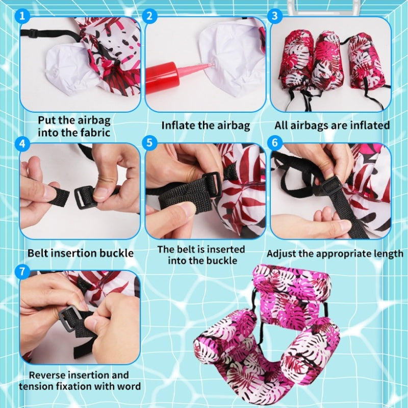 Step-by-step guide on how to inflate and attach airbags to a product with pink and white design.