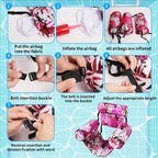 Step-by-step guide on how to inflate and attach airbags to a product with pink and white design.