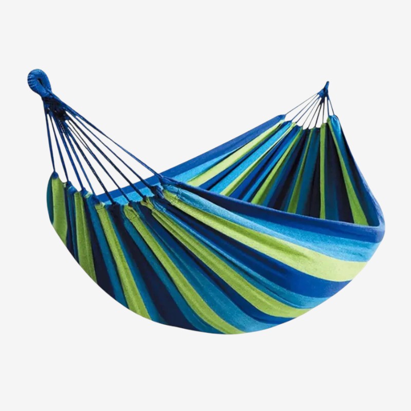 Blue and green striped hammock on a white background
