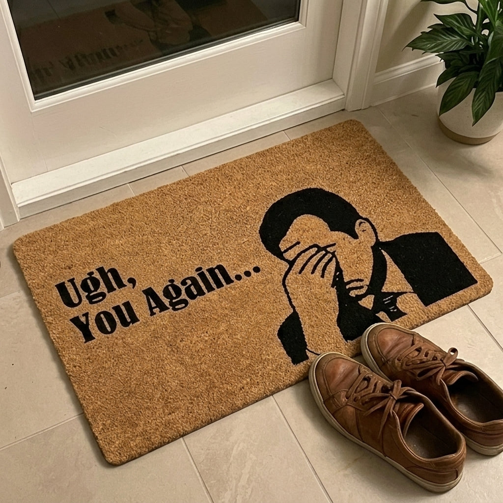 Doormat with a humorous design and text on a floor next to a door.