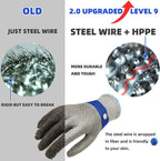Comparison of old and upgraded steel wire gloves with text highlighting features.