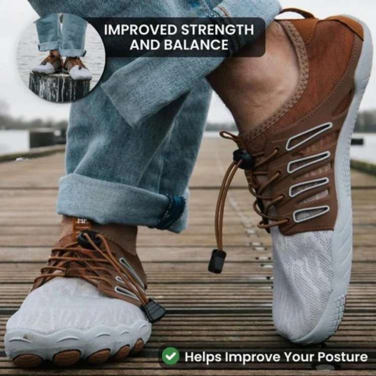 Brown and white shoes worn by a person on a wooden deck with text about improved strength, balance, and posture.