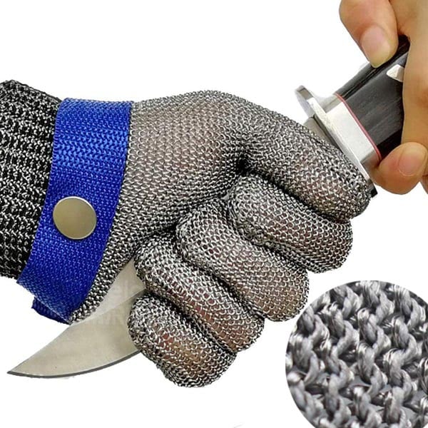 Metallic mesh glove with blue wristband holding a knife, with close-up of material texture.