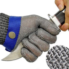 Metallic mesh glove with blue wristband holding a knife, with close-up of material texture.