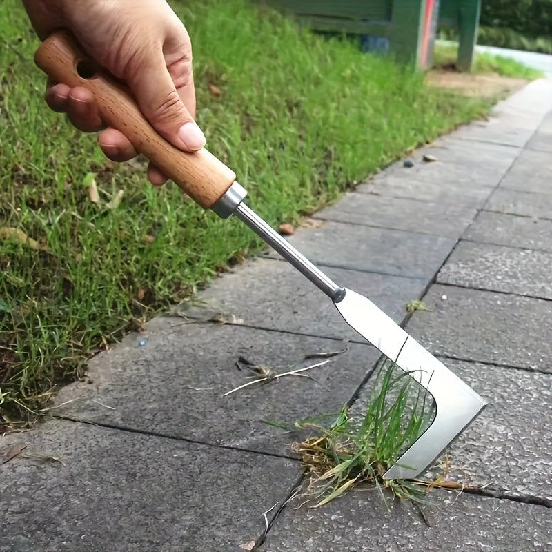 Hand using a grass trimmer to cut grass along a sidewalk