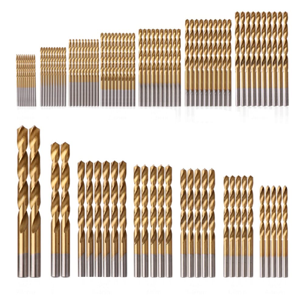 Set of gold and silver drill bits arranged in rows on a white background
