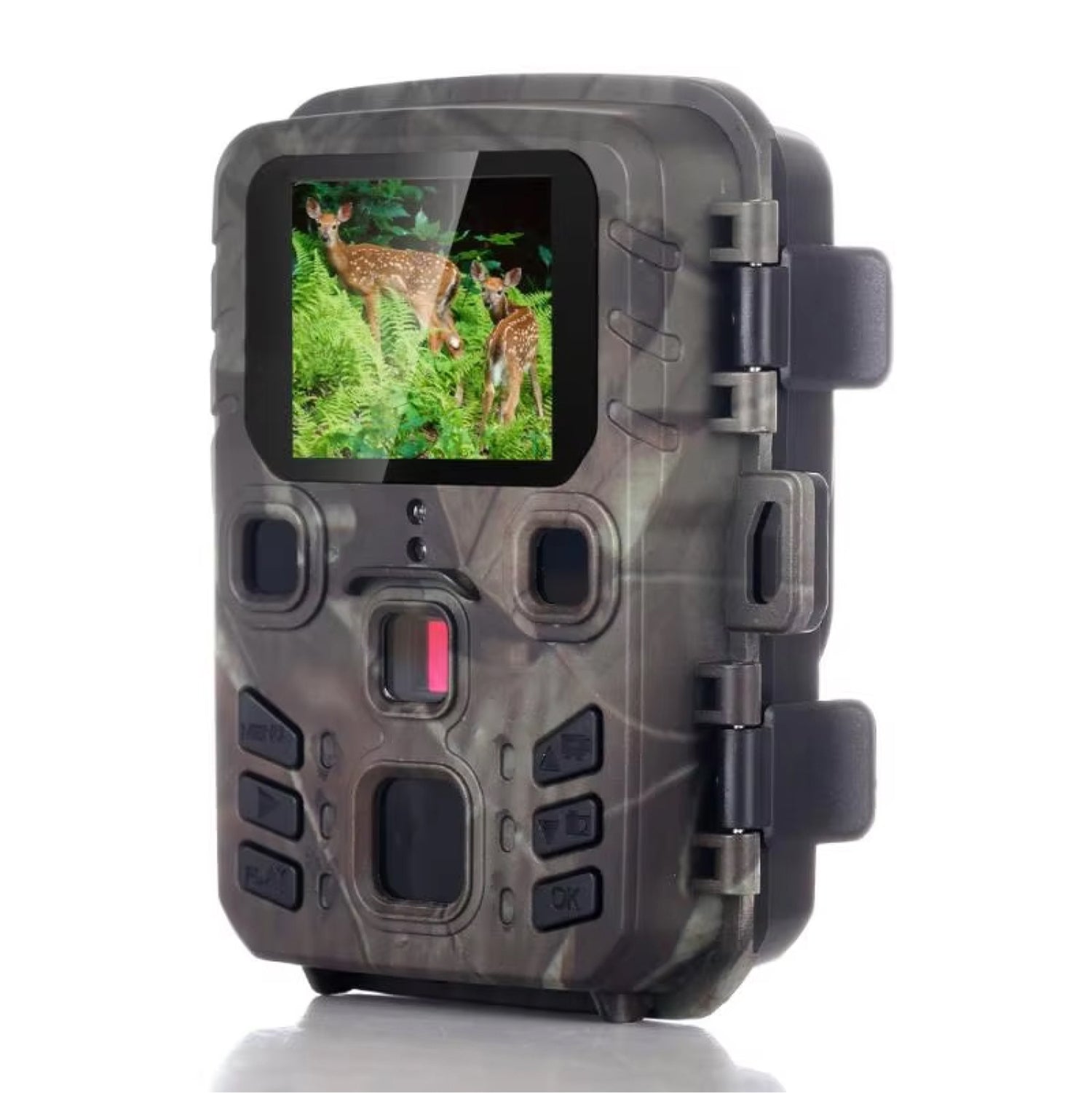 Camouflage-patterned wildlife camera with screen displaying deer in grass on a white background