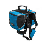 Blue and black dog harness with a bag on a white background