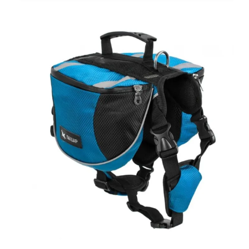 Blue and black dog harness with a bag on a white background