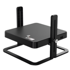 Black router with antennas on a white background