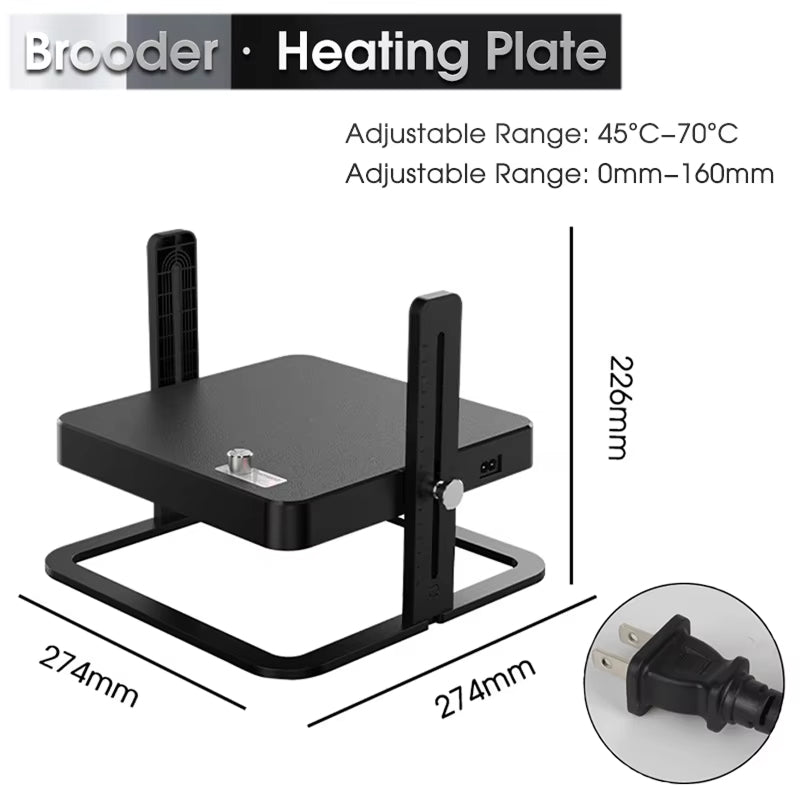 Brooder heating plate with adjustable range and dimensions on a white background
