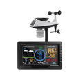 Weather station with digital display and wind sensor on a white background