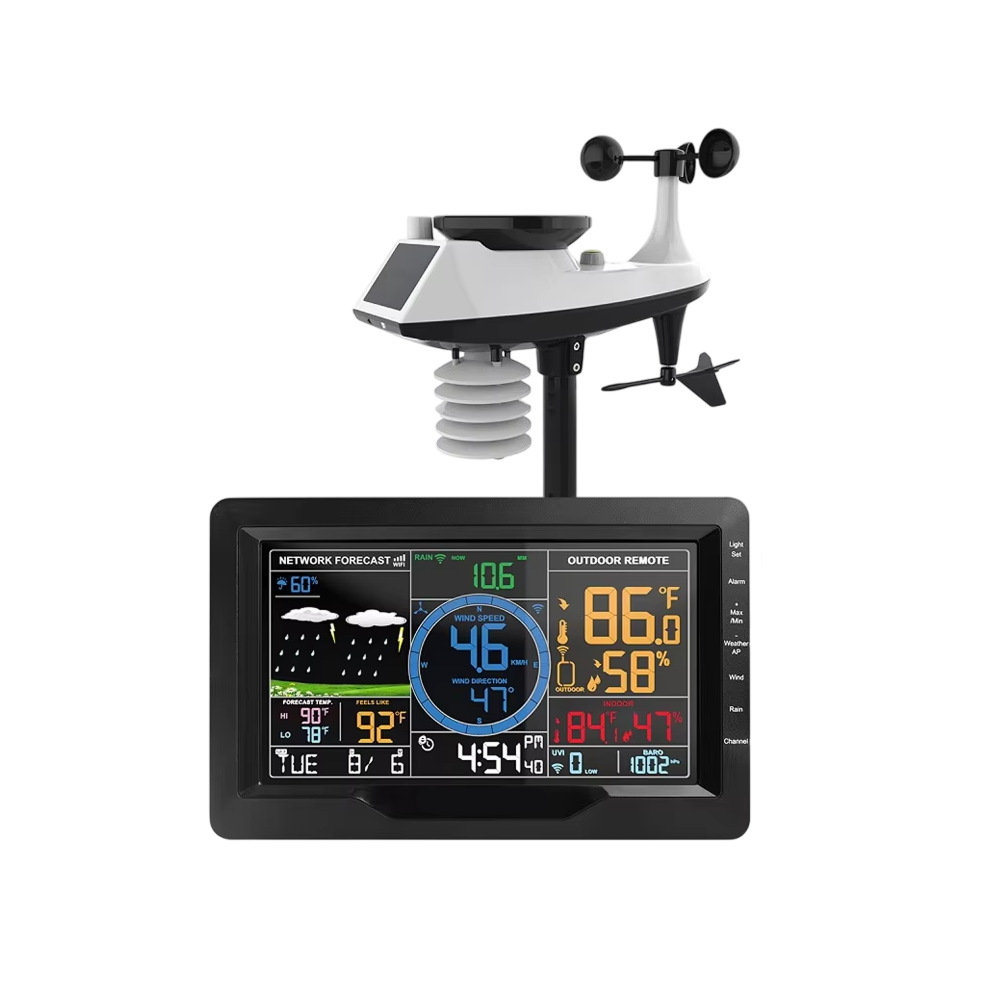 Weather station with digital display and wind sensor on a white background