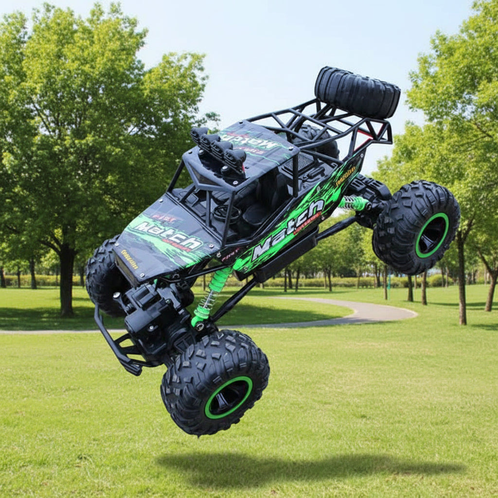 Remote control monster truck in mid-air over grass with trees in the background