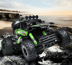 Monster truck on a rocky beach with ocean in the background