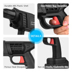 Collage of a power tool with features highlighted on a white background