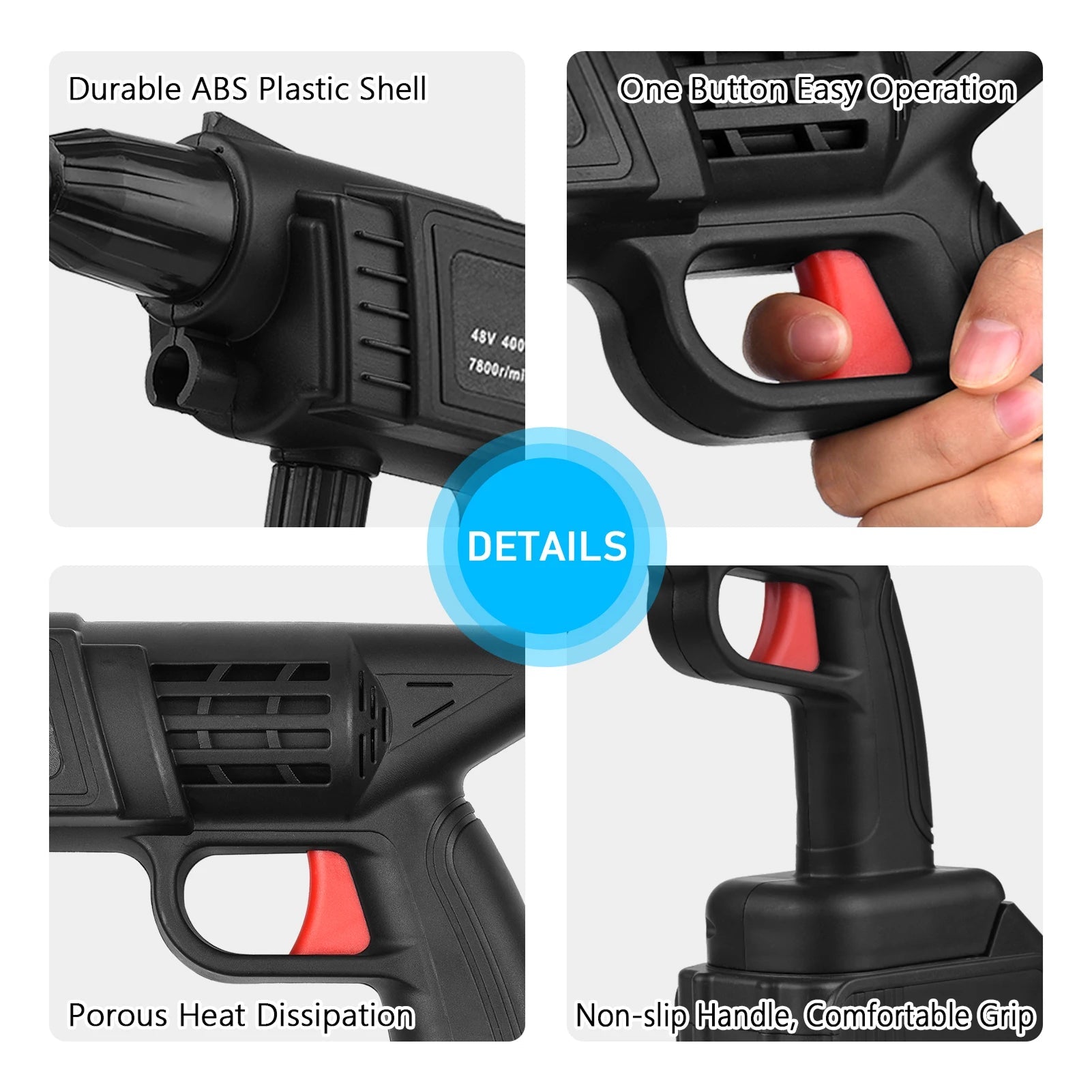 Collage of a power tool with features highlighted on a white background