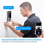 Man using a smart doorbell system with smartphone app on a white background